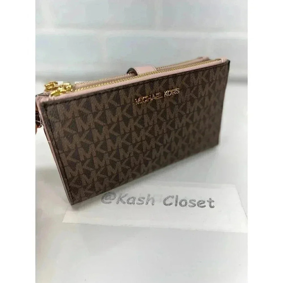 Michael Kors MK Double Zip Wristlet Wallet -PowderBlush/ Brown - Picture 1 of 8